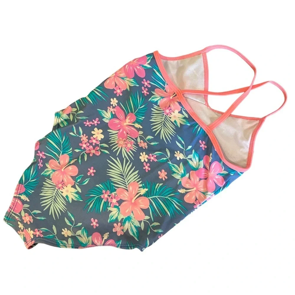 Howjojo girls swimsuit Hawaiian‎ pink teal ruffle top one piece 5/6 hibiscus